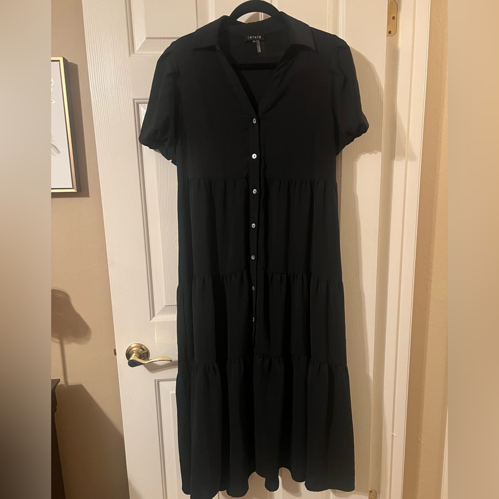 NWOT 1. State Short Puff Sleeve Button Down Tiered Black Summer Maxi Dress XS
